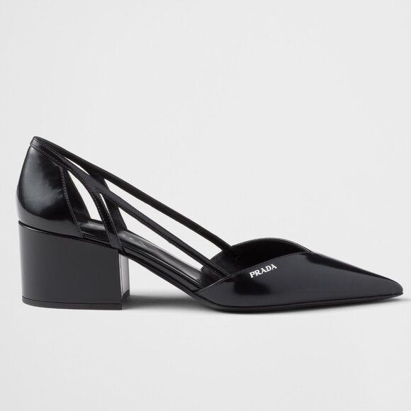 PRADA Runway Pointed Toe Cutout Cut Out Block Heel Brushed Leather Pumps - Picture 1 of 16